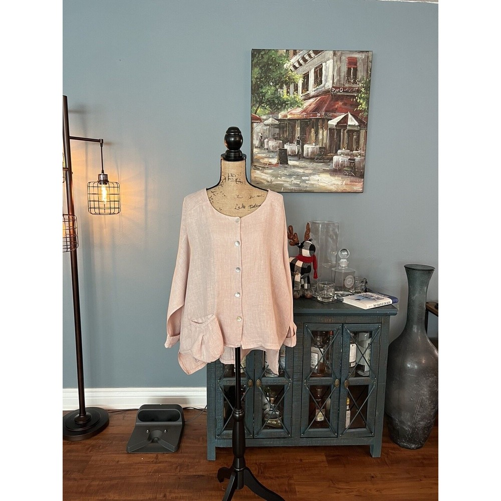 Belle France Italy 100% Linen hi low button down blouse xtra large pale pink
